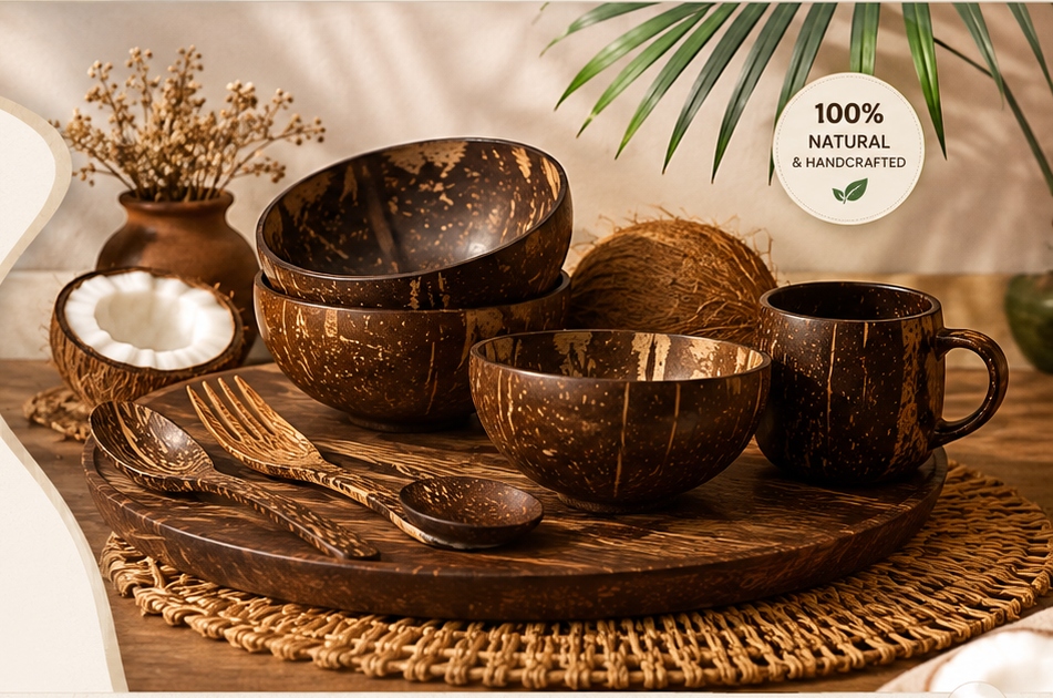 Coconut shell bowls, cutlery, and mug handcrafted kitchenware set