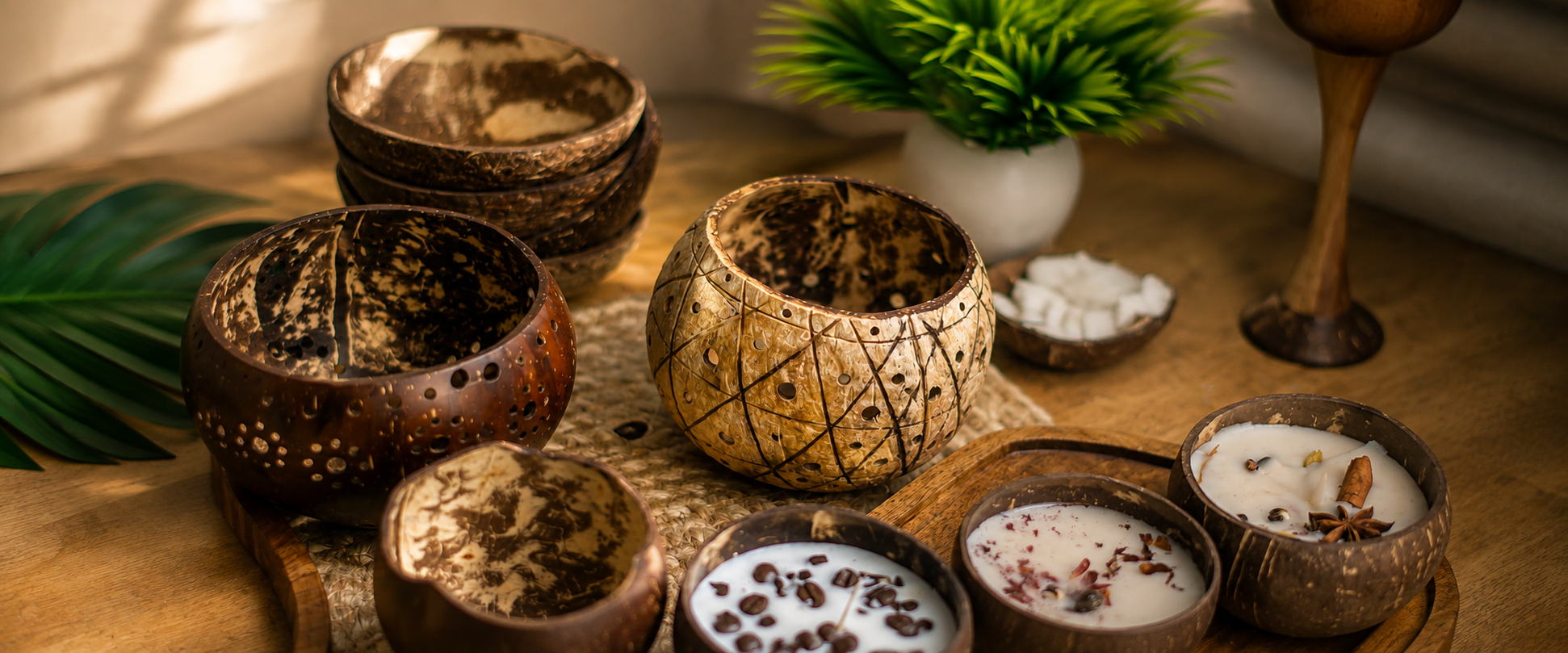 Natchu's coconut shell bowls and candle holders styled on a sunlit wooden table