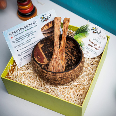 Coconut shell bowl and cutlery hamper