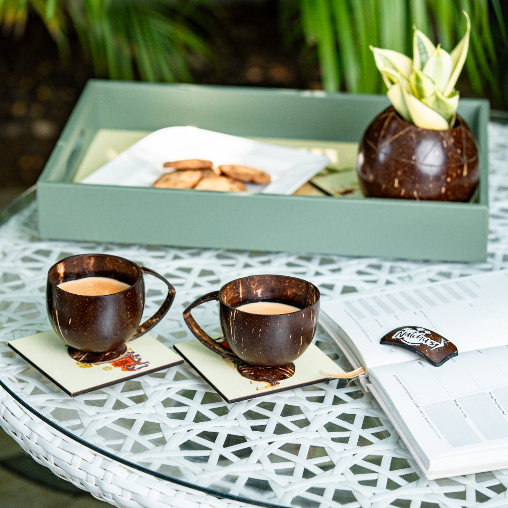 Natchu's coconut shell cups styled for gifting